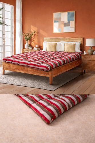 Image of Adim's Handmade Traditional Quilt Gadda Mattress, Red Lining, Small Single, Pure Cotton Fabric, Cotton Filled, Firm, Reversible Design, 2.5 x 6 ft or 72 x 30 Inches