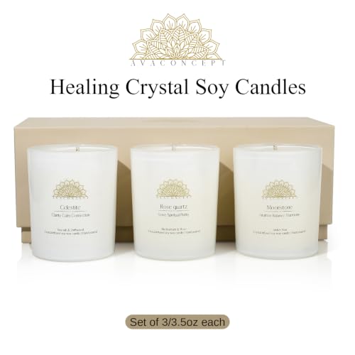 AvaConcept Healing Crystal Candle Gift Set – Set of 3 Celestite, Rose Quartz & Moonstone Hand-Poured Soy Wax Sea Salt Driftwood, Blackcurrant Rose & Amber Noir Aromatherapy Scents Premium Gift Box - Image 2