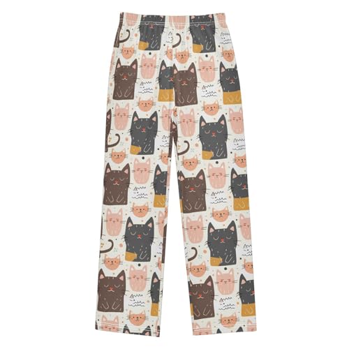 Cartoon Cat Cute Pajamas Bottoms with Pockets Comfy Pjs Sleepwear Elastic Waistband Pajamas Pants Lounge Pants for 6-14 Years