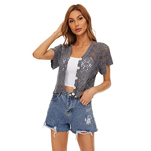 Image of Women Cardigan Hollow Out Floral Cardigans White Crochet Shrugs