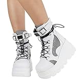 Winterstiefel Damen Winterschuhe Kurzschaft Schnürstiefel Gothic Vintage Stiefeletten Schuhe Plateau Stiefel Reißverschluss Chunky Heel Schuhe