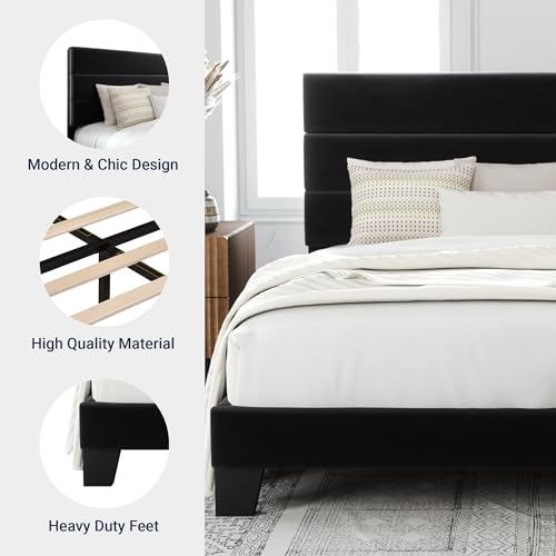 Allewie King Size Platform Bed Frame with Velvet Upholstered Headboard and Wooden Slats Support, Fully Upholstered Mattress Foundation/No Box Spring Needed/Easy Assembly, Black