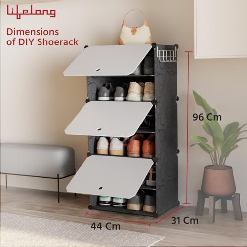 Image of Lifelong 3-Tier Modular Plastic Shoe Rack with Flip Drawers | Space-Saving Shoe Storage Organizer for Entryway, Hallway, Bedroom | Dust-Free Shoe Cabinet with Side Hooks| DIY Assembly, Black