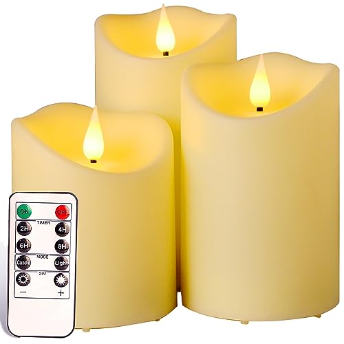SWEETIME Outdoor Waterproof Flameless Candles with Timer Control - Pillar Weatherproof 3D Wick Battery Operated LED Flickering Candles with Amber Yellow Light (H 4