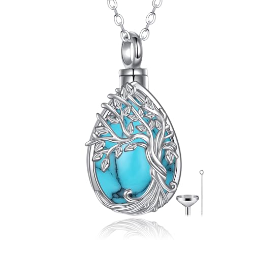 YAFEINI Urnen Ketten Mit Lebensbaum für Asche Sterling Silber Tropfenform Türkis Lebensbaum Einäscherungs Schmuck für Asche Erinnerungs Schmuck für Damen und Herren