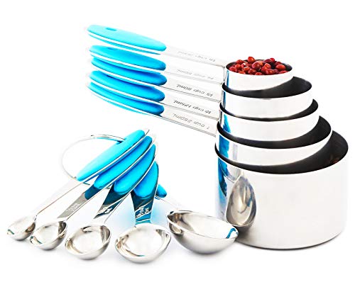 VOJACO Measuring Cups and Spoons Set 10 Piece Stainless Steel Measuring Cups and Spoons Engraved Dry Liquid Measuring Cup Set Metal Kitchen Tools and Gadgets for Cooking Baking Blue