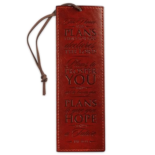 Product Image of the Christian Art Gifts Premium Vegan Leather Scripture Bookmark for Men: I Know The Plans - Jeremiah 29:11 Inspirational Bible Verse, Heat-Debossed, Faith-Based Reading Accessory, Brown with Cord Tassel