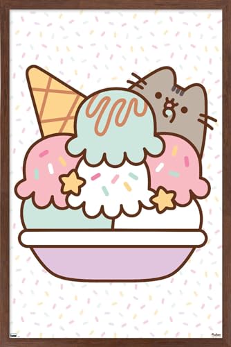 Trends International Pusheen - Ice Cream Wall Poster, 22.4L x 14.7W, Mahogany Framed Version