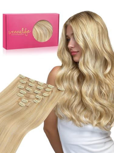 WENNALIFE Clip in Hair Extensions Real Human Hair, 20 Inch 180g 7pcs Light Blonde Highlighted Golden Blonde Fuller Hair Extensions Remy Hair Clip Ins, Soft Blendable Reusable &amp; Heat Friendly
