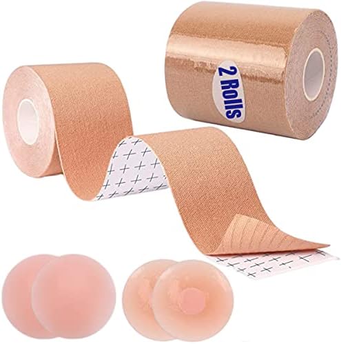 2 Rolls Boob Tape Boobytape for Breast Lift, 3'' Wide Bob Tape for Large Breast A-G Cup, Breathable Push Up Boobtape Breast Lift Tape, Waterproof & Sweatproof Body Tape with 2-Pair Reusable Silicone Breast Petals Backless Nipple Cover