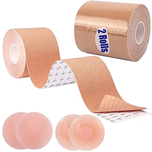 2 Rolls Boob Tape Boobytape For Breast Lift, 3'' Wide Bob Tape For Large Breast A-G Cup, Breathable Push Up Boobtape Breast Lift Tape, Waterproof & Sweatproof Body Tape With 2-Pair Reusable Silicone Breast Petals Backless Nipple Cover #TOP2