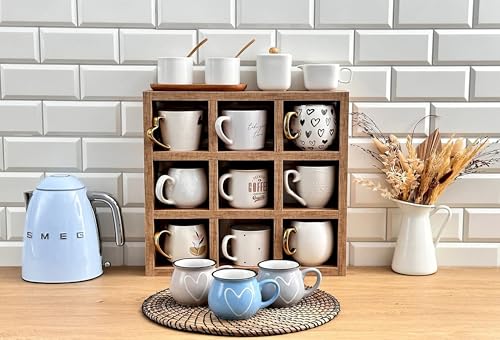 Image of Hamdan Collection Wall Mounted Mug Shelf - Coffee Cup Storage - Kitchen Wall Rack - Floating Cup Organizer - Rustic Coffee Bar Shelf (SQ 9 Compartment)