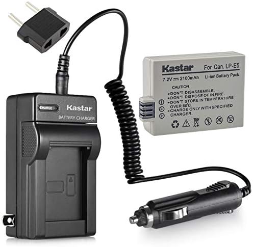 Kastar Battery and Charger with Car Adapter for Canon Digital SLR EOS Rebel XS, EOS Rebel T1i, EOS Rebel XSi, EOS 450D, 500D, 1000D, Kiss F, Kiss X2, Kiss X3 as Canon LP-E5 Battery