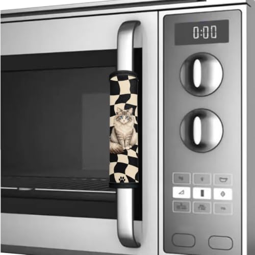 Image of Refrigerator Door Handle Covers Set of 6 Washable Kitchen Appliance Decor Handles Keep Clean Anti-Slip Fridge Accessories Home Decor, Cute Cat Plaid Black Beige