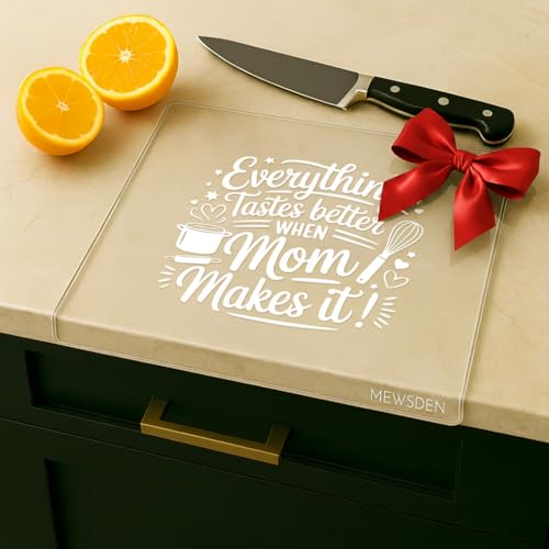 Mom Birthday Gifts from Daughter Son - Engraved Acrylic Cutting Board with Counter Lip Clear Countertop Protector Cooking Gift for Mom Mother Birthday Christmas Presents Aesthetic Kitchen Decor