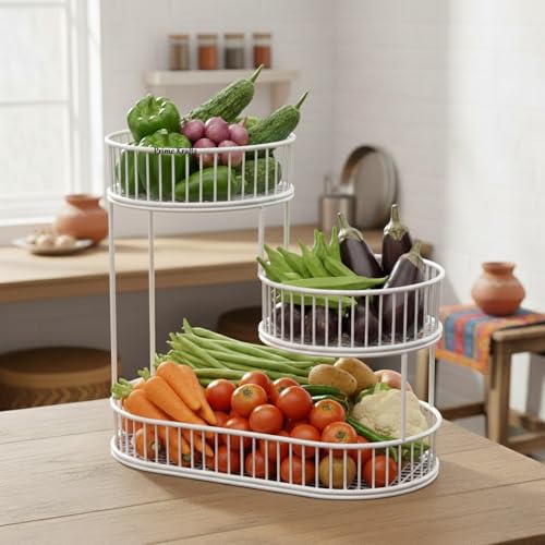 Image of 3 Tier Fruit Basket Bowl for Kitchen | Countertop Metal Wire Kitchen Storage Basket for Fruits, Vegetables and Snacks - White