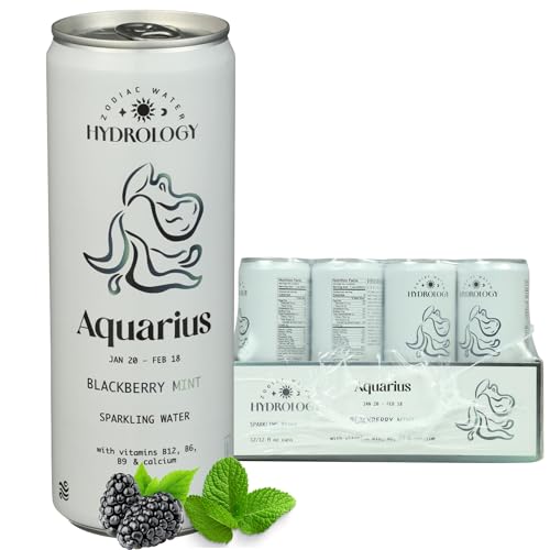 Hydrology Zodiac Water - Aquarius Blackberry Mint - Organically Flavored Social Sparkling Water with unique Vitamins and Minerals tailored to the Aquarius Zodiac Sign, Astrology Drink for Birthday Gift (12-Pack, Aquarius - Blackberry Mint)
