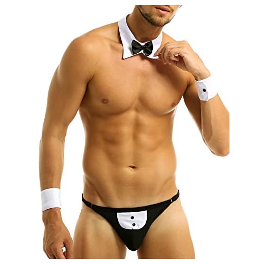 MSemis Conjunto de Lencería Traje Camarero Sexy Disfraz Mayordomo Mankini para Hombres Tanga Pijamas Eróticas Pajarita y Pulseras Disfraces Despedida Ropa Erótica Negro y Blanco M