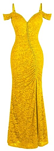 Angel-fashions Robe fourreau à volants et col en V en dentelle pour femme, jaune, 34