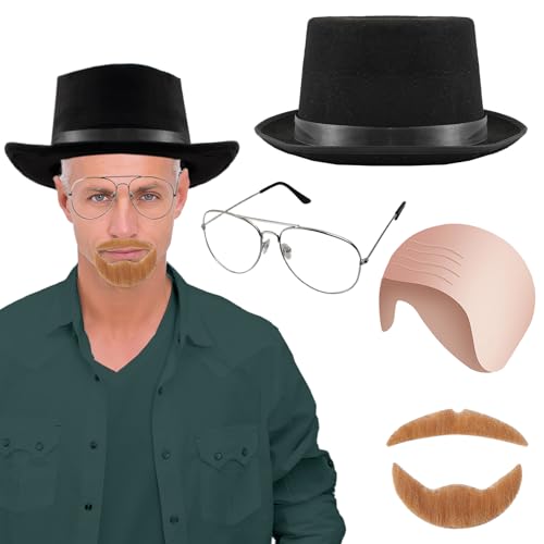 WATCPNO Mens 4PCS Western Cowboy Style Costume Accessories With Black Hat Fake Scalp Brown Beard and Glasses for Halloween Role-Playing