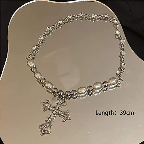 Girlssory Vintage Celtic Rhinestone Cross Long Pendant Necklace Pearl Beaded Choker Necklace Silver For Women And Girls #TOP5