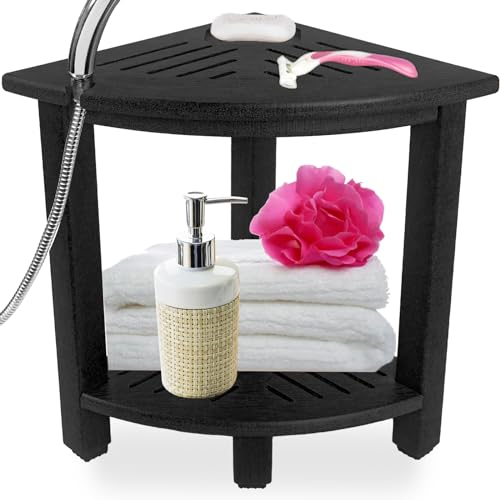 Corner Shower Stool Shower Bench, Shower Foot Rest for Shaving Legs, Shower Stool for Inside Shower Waterproof, Bathroom Shower Bench Seat with Storage (Black)