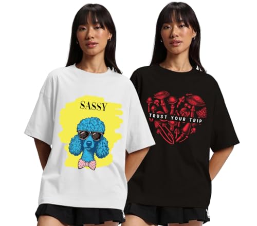 Image of JUNEBERRY Pure Cotton Oversized Fit Drop Shoulder Stylish & Front & Back Graphic Printed Round Neck T-Shirt Combo for Women (Pack of 2)