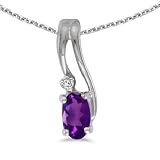 LXR Ciondolo ovale in oro bianco 14 k con ametista e diamante ovale, 0,18 ct