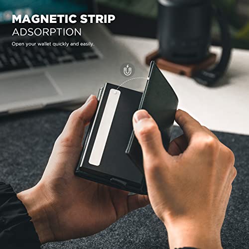 Image of VULKIT Credit Card Holder with Banknote Compartment RFID Blocking Pop up Leather Card Wallet with ID Window, Green, Minimalist