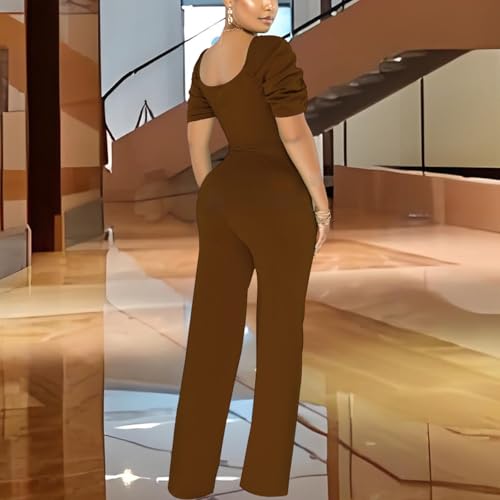 Image of PaladMom Womens Elegant Plus Size Jumpsuits Sexy Back zipper Short Sleeve Mid Waist Wide Leg Straight Rompers