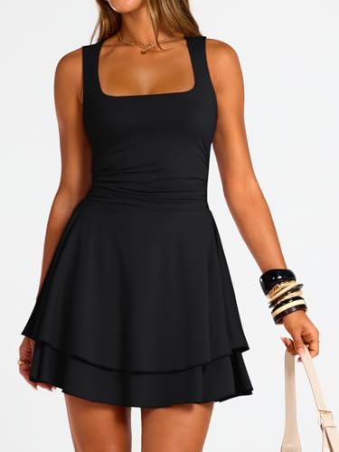 Image of Trendy Queen Women's Square Neck Summer Party Flowy Ruffle Hem Ruched Waist Mini Dress