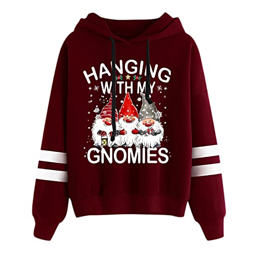 Image of Women's Hoodies Sweatshirts Sweatjacket Gnome Top Sweatshirt Christmas Hooded Sleeve Women's Long Printed Women's Hoodies Sweatshirts (Red, L)