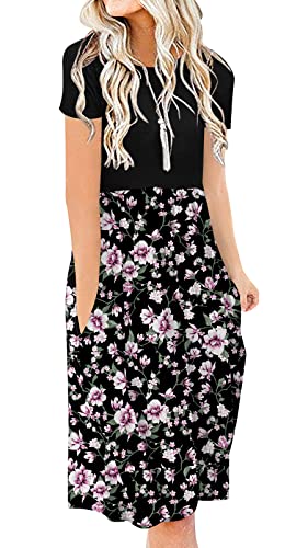 Image of DB MOON Women Summer Casual Short Sleeve Dresses Empire Waist Dress with Pockets