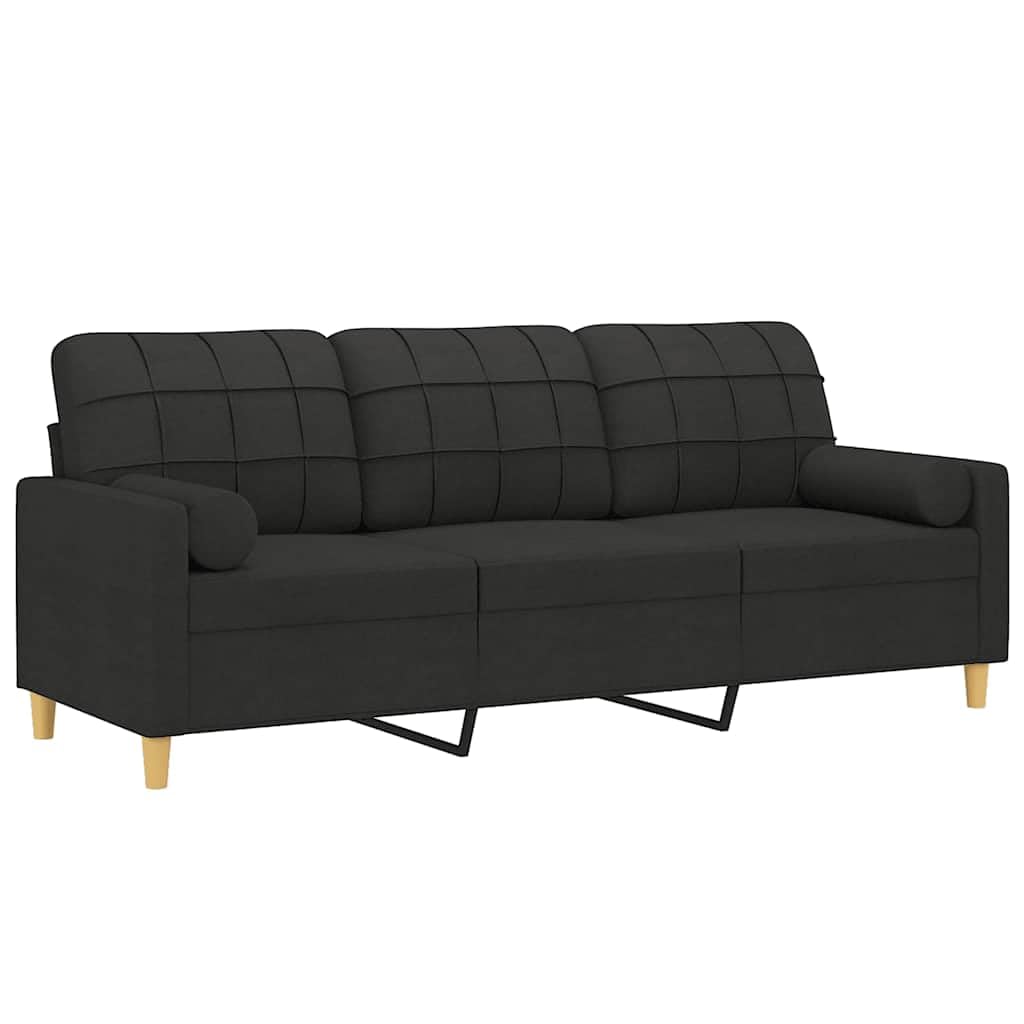 3-osobowa sofa z ozdobną poduszką, czarna, 180 cm, tkanina, nowoczesny design, wygodny mebel do siedzenia do salonu i pokoju gościnnego, trwała poszewka, stabilna metalowa konstrukcja