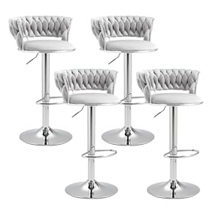 Velvet Swivel Bar Stools Set of 4, Modern Adjustable Barstools with Woven Back, Counter Height Bar Stool with Silver Leg, Upholstered Bar Chair for Kitchen Island, Pub, Cafes, Bar, Counter (Gray)