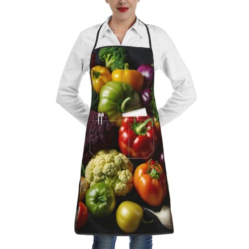 Delantales de cocina con estampado de frutas tropicales, para camarera, cocinar, hornear, jardinería, para mujeres y hombres, con bolsillos, Frutas vegetales, talla �nica