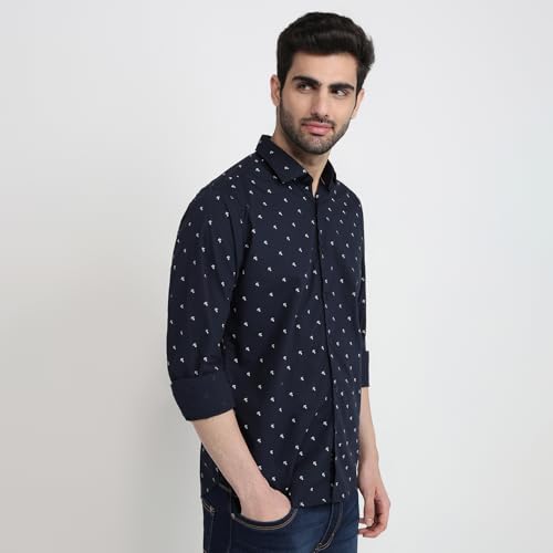 Image of Raymond Men Slim Fit Print Pattern Pure Cotton Cut Away Collar Full Sleeve Casual Shirt