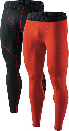ATHLIO Mens Compression Pants Running Tights Workout Leggings, Cool Dry Technical Sports Baselayer, 2pack(blp05) - Black/Orange, X-Large