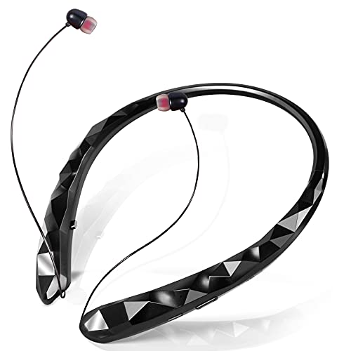 Neckband Bluetooth Headphones Retractable, Wireless Headset Stereo Earbuds Noise Cancelling Earphones with Mic for Sports Office (Black)