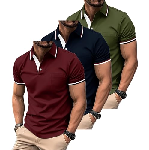 ZITY Polo para Hombre Paquete de 3 Polo Manga Corta Camiseta Golf Trabajo Transpirable Camiseta Informal con Bolsillo Verano Tres Piezas T Shirt para Vacaciones