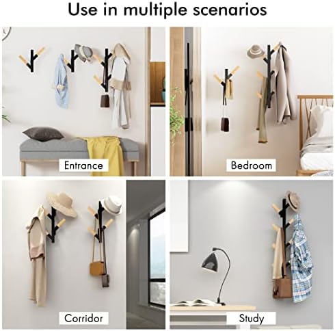 KES Coat Rack & Hat Rack for Wall, Metal & Wooden Tree Coat Rack with 8 Hooks, Multiple Combination Black Coat Rack for Entryway, Cloakroom, Bedroom, HCR500-BK
