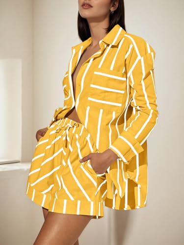 Image of Tankaneo Womens Striped 2 Piece Outfits Button Down Shirts and Shorts Lounge Matching Sets