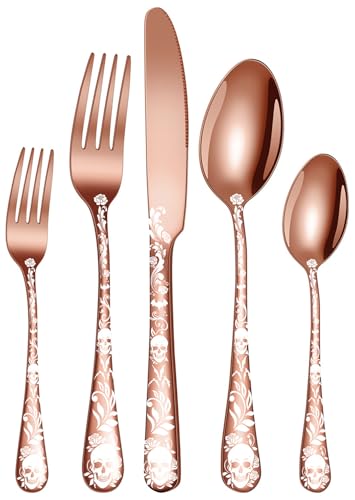 XIAOYU 5 Piece Gothic Skull Silverware Set, Halloween Bizarre Flatware Set, Skeleton Flower Unique Pattern Design, Knife Fork Spoon Cutlery Set for Halloween Easter Christmas, Rose Gold