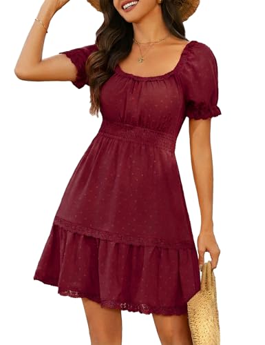Florboom Kleider Damen Sommer Kurzarm Minikleid Casual Eckiger Ausschnitt A-Linien Swing Tunika Kleid (Weinrot, XL)