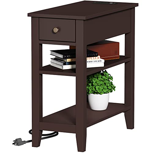 Choochoo Narrow End Table With Charging Station, Side Table Living Room With Usb Ports & Power Outlets And Hidden Drawer, 3-Tier Skinny Nightstand With 2 Open Storage Shelves For Small Place(Espresso) #TOP10