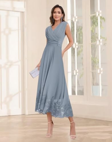 Aoruisen Tea Length Mother of The Bride Dresses Chiffon Lace Beaded Cap Sleeves Formal Dress4