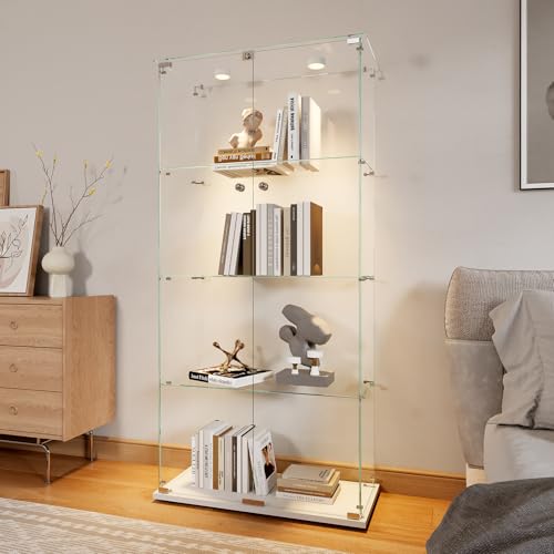 Vetrina in vetro con LED, armadio vetrina per collezione trasparente, mobile 2 ante a serratura e 4 ripiani vetrini, 163 x 78,5 x 35 cm, bianco
