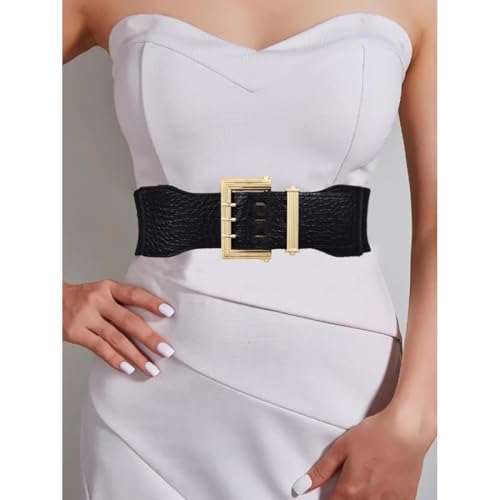 Wide Elastic Waist Belt for Women Ladies Black Crocodile Pattern with Gold Buckle Stretchy Cinch Belt for Dress4