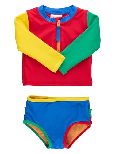 Image of RuffleButts Baby /Toddler Girls Long Sleeve Rash Guard 2 Piece Swimsuit Set w /UPF 50+ Sun Protection with Zipper