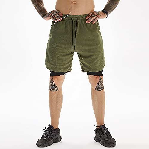 Jwj Men's 2 In 1 Workout Running Shorts 7 Inch Lightweight Athletic Gym Shorts With Compression Liner Army Green L #TOP1